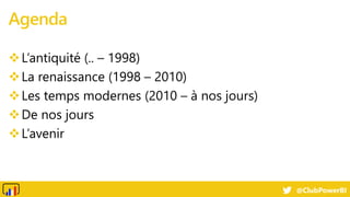@ClubPowerBI
L’antiquité (.. – 1998)
La renaissance (1998 – 2010)
Les temps modernes (2010 – à nos jours)
De nos jours...