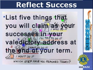 mnRAJU
List five things that
you will claim as your
successes in your
valedictory address at
the end of your term.
 
