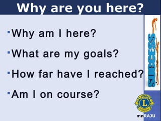 mnRAJU
 Why am I here?
 What are my goals?
 How far have I reached?
 Am I on course?
 
