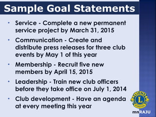 mnRAJU
• Service - Complete a new permanent
service project by March 31, 2015
• Communication - Create and
distribute press releases for three club
events by May 1 of this year
• Membership - Recruit five new
members by April 15, 2015
• Leadership - Train new club officers
before they take office on July 1, 2014
• Club development - Have an agenda
at every meeting this year
Sample Goal Statements
 