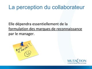 Cliquez et modifiez le titre
• Modifiez les styles du texte du masque
– Deuxième niveau
• Troisième niveau
– Quatrième niveau
» Cinquième niveau
La perception du collaborateur
Elle dépendra essentiellement de la
formulation des marques de reconnaissance
par le manager.
23
 