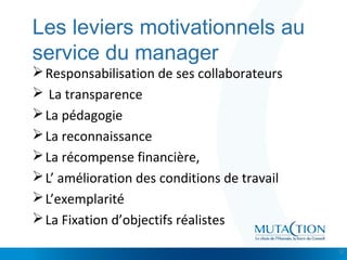 Cliquez et modifiez le titre
• Modifiez les styles du texte du masque
– Deuxième niveau
• Troisième niveau
– Quatrième niveau
» Cinquième niveau
Les leviers motivationnels au
service du manager
Responsabilisation de ses collaborateurs
 La transparence
La pédagogie
La reconnaissance
La récompense financière,
L’ amélioration des conditions de travail
L’exemplarité
La Fixation d’objectifs réalistes
8
 