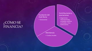 ¿CÓMO SE
FINANCIA?
Contribuciones y
asociaciones
• Organismos
internacionales,
entidades públicas
y privadas, otras
instituciones.
Membresía
• Cuotas anuales
Fundación del
Club Roma
• Donaciones
 