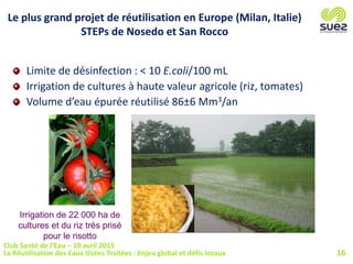 Le plus grand projet de réutilisation en Europe (Milan, Italie)
STEPs de Nosedo et San Rocco
Irrigation de 22 000 ha de
cultures et du riz très prisé
pour le risotto
Limite de désinfection : < 10 E.coli/100 mL
Irrigation de cultures à haute valeur agricole (riz, tomates)
Volume d’eau épurée réutilisé 86±6 Mm3/an
16
Club Santé de l’Eau – 10 avril 2015
La Réutilisation des Eaux Usées Traitées : Enjeu global et défis locaux
 