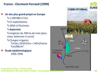  Un des plus grand projet en Europe
1 200 000 m3/an
51 exploitations
1050 m3/ha/mois
Aspersion
Irrigation de 700 ha de maïs (plus
colza, betterave à sucre)
Charges irrigants:
Fixes 1910 €/ha + 140 €/ha/an
0,09€/m3
 Étude épidémiologique
1996-1998
France : Clermont-Ferrand (1999)
<1000 CF/100mL
23
Club Santé de l’Eau – 10 avril 2015
La Réutilisation des Eaux Usées Traitées : Enjeu global et défis locaux
 