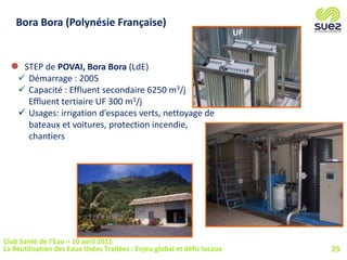  STEP de POVAI, Bora Bora (LdE)
 Démarrage : 2005
 Capacité : Effluent secondaire 6250 m3/j
Effluent tertiaire UF 300 m3/j
 Usages: irrigation d’espaces verts, nettoyage de
bateaux et voitures, protection incendie,
chantiers
Bora Bora (Polynésie Française)
UF
25
Club Santé de l’Eau – 10 avril 2015
La Réutilisation des Eaux Usées Traitées : Enjeu global et défis locaux
 
