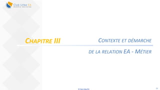 © Club Urba-EA 19
CONTEXTE ET DÉMARCHE
DE LA RELATION EA - MÉTIER
CHAPITRE III
 