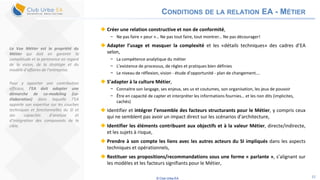 © Club Urba-EA 32
CONDITIONS DE LA RELATION EA - MÉTIER
 Créer une relation constructive et non de conformité,
− Ne pas faire « peur »… Ne pas tout faire, tout montrer… Ne pas décourager!
 Adapter l’usage et masquer la complexité et les «détails techniques» des cadres d’EA
selon,
− La compétence analytique du métier
− L’existence de processus, de règles et pratiques bien définies
− Le niveau de réflexion, vision - étude d’opportunité - plan de changement….
 S’adapter à la culture Métier,
− Connaitre son langage, ses enjeux, ses us et coutumes, son organisation, les jeux de pouvoir
− Être en capacité de capter et interpréter les informations fournies… et les non dits (implicites,
cachés)
 Identifier et intégrer l’ensemble des facteurs structurants pour le Métier, y compris ceux
qui ne semblent pas avoir un impact direct sur les scénarios d’architecture,
 Identifier les éléments contribuant aux objectifs et à la valeur Métier, directe/indirecte,
et les sujets à risque,
 Prendre à son compte les liens avec les autres acteurs du SI impliqués dans les aspects
techniques et opérationnels,
 Restituer ses propositions/recommandations sous une forme « parlante », s’alignant sur
les modèles et les facteurs signifiants pour le Métier,
La Vue Métier est la propriété du
Métier qui doit en garantir la
complétude et la pertinence en regard
de la vision, de la stratégie et du
modèle d’affaires de l’entreprise.
Pour y apporter une contribution
efficace, l’EA doit adopter une
démarche de co-modeling (co-
élaboration) dans laquelle l’EA
apporte son expertise sur les couches
techniques et fonctionnelles du SI et
ses capacités d’analyse et
d’intégration des composants de la
cible.
 