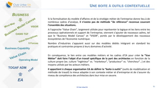 © Club Urba-EA 36
UNE BOITE À OUTILS CONTEXTUELLE
Si la formalisation du modèle d’affaires et de la stratégie métier de l’entreprise donne lieu à de
nombreux cadres d’analyse, il n’existe pas de méthode “de référence” reconnue couvrant
l’ensemble des situations.
A l’approche “Value Chain”, largement utilisée pour représenter la logique et les liens entre les
processus opérationnels et support de l’entreprise, viennent s’ajouter de nouveaux cadres, tel
que le “Business Model Canvas” et “VISOR”, portés par le développement des nouveaux
écosystèmes de l’économie numérique.
Nombre d’industries s’appuient aussi sur des modèles dédiés intégrant en standard les
pratiques et contraintes propres à leurs domaines d’activité.
En conséquence, le lien entre ces modèles métiers et les cadres d’EA pour créer la “Vue
Métier” doit faire l’objet d’un travail spécifique de la part des architectes en fonction de la
culture propre (ex. culture “ingénieur” vs. “marketeur”, “producteur” vs. “chercheur”…) et des
moyens utilisés par les acteurs métiers.
Il appartient à chaque organisation EA de définir la “boite à outils” (outils de modélisation et
méthode de travail) la mieux adaptée à son contexte métier et d’entreprise et de s’assurer du
niveau de compétence des architectes dans leur mise en oeuvre.
VISOR
5 Forces
Business Capability
TOGAF ADM
Operating Model
OASIS TGF
BUSINESS
EA
 
