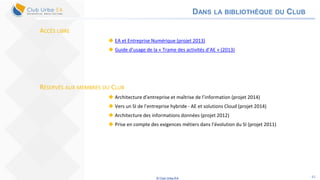 © Club Urba-EA 41
DANS LA BIBLIOTHÈQUE DU CLUB
ACCÈS LIBRE
 EA et Entreprise Numérique (projet 2013)
 Guide d’usage de la « Trame des activités d’AE » (2013)
RÉSERVÉS AUX MEMBRES DU CLUB
 Architecture d’entreprise et maîtrise de l’information (projet 2014)
 Vers un SI de l’entreprise hybride - AE et solutions Cloud (projet 2014)
 Architecture des informations données (projet 2012)
 Prise en compte des exigences métiers dans l’évolution du SI (projet 2011)
 