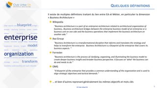 © Club Urba-EA 9
QUELQUES DÉFINITIONS
Il existe de multiples définitions traitant du lien entre EA et Métier, en particulier la dimension
« Business Architecture »
 Wikipedia
“Business architecture is a part of an enterprise architecture related to architectural organization of
business,. Business architecture bridges between the enterprise business model of an enterprise or a
business unit on one side and the business operations that implement the business architecture on
another side.”
 Axa Group
“Business Architecture is a transformational discipline that informs and translates the strategy and
helps to transform the enterprise. Business Architecture is a blueprint of the enterprise that covers its
business aspects. “
 Forrester
“Business architecture is the process of clarifying, organizing, and illuminating the business model to
create deeper business insight and broader business perspective. It focuses on ‘what’ the business can
do and needs to do.”
 OMG
“A blueprint of the enterprise that provides a common understanding of the organization and is used to
align strategic objectives and tactical demands.”
 … et bien d’autres reprenant généralement les mêmes objectifs et mots clés
 