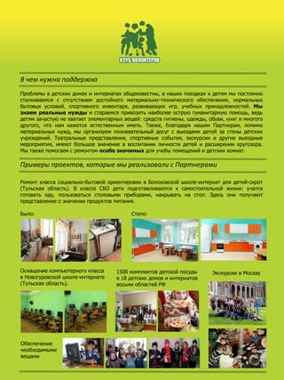 В чем нужна поддержка
Проблемы в детских домах и интернатах общеизвестны, в наших поездках к детям мы постоянно
сталкиваемся с отсутствием достойного материально–технического обеспечения, нормальных
бытовых условий, спортивного инвентаря, развивающих игр, учебных принадлежностей. Мы
знаем реальные нужды и стараемся привозить наиболее острую гуманитарную помощь, ведь
детям зачастую не хватает элементарных вещей: средств гигиены, одежды, обуви, книг и многого
другого, что нам кажется естественным иметь. Также, благодаря нашим Партнерам, помимо
материальных нужд, мы организуем познавательный досуг с выездами детей за стены детских
учреждений. Театральные представления, спортивные события, экскурсии и другие выездные
мероприятия, имеют большое значение в воспитании личности детей и расширении кругозора.
Мы также помогаем с ремонтом особо значимых для учебы помещений и детских комнат.
Примеры проектов, которые мы реализовали с Партнерами
Ремонт класса социально-бытовой ориентировки в Болоховской школе-интернат для детей-сирот
(Тульская область). В классе СБО дети подготавливаются к самостоятельной жизни: учатся
готовить еду, пользоваться столовыми приборами, накрывать на стол. Здесь они получают
представление о значении продуктов питания.
Было: Стало:
Оснащение компьютерного класса
в Новогуровской школе-интернате
(Тульская область).
1500 комплектов детской посуды
в 18 детских домов и интернатов
восьми областей РФ
Экскурсии в Москву
Обеспечение
необходимыми
вещами
 