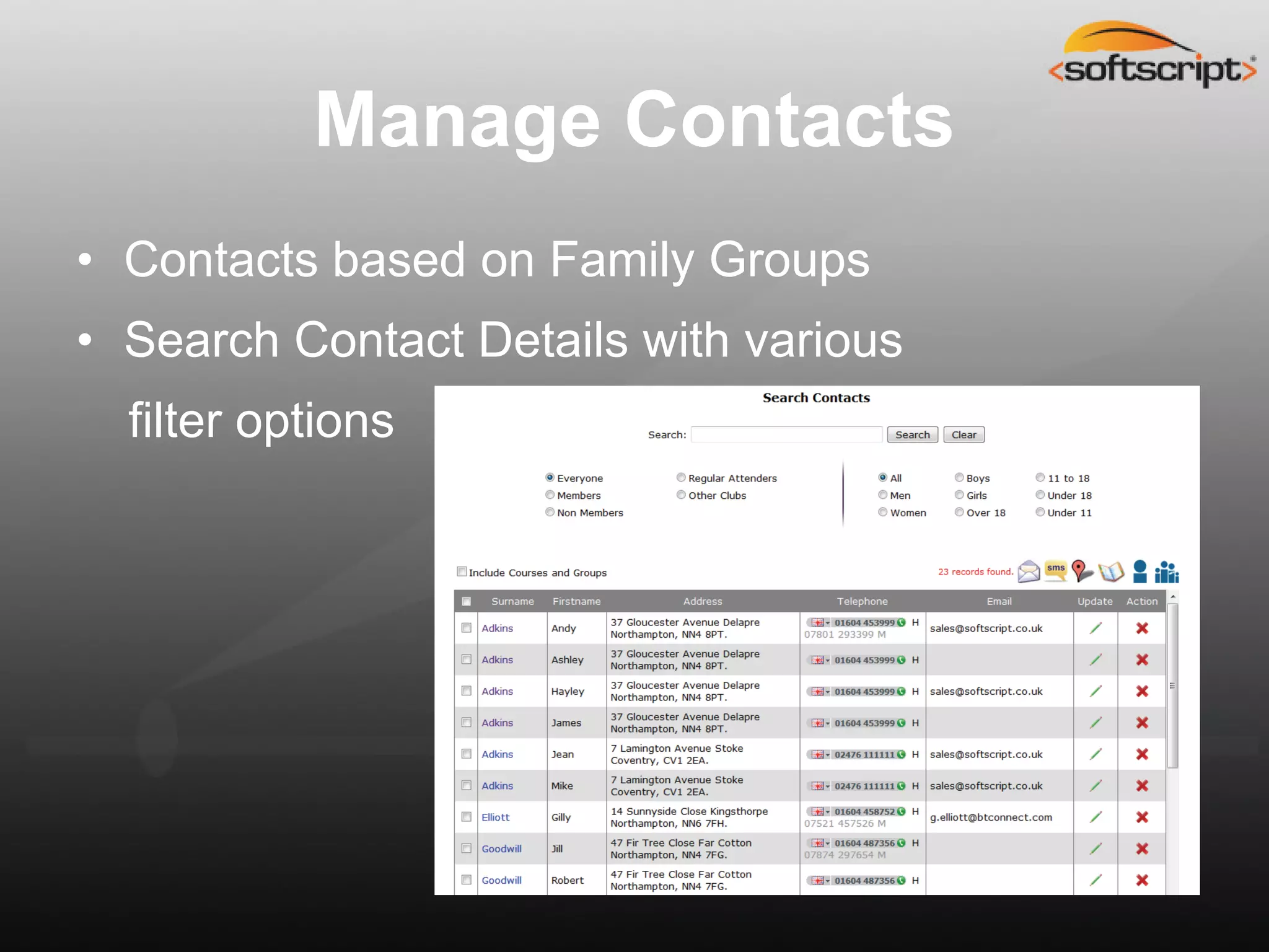 Manage Contacts
• Contacts based on Family Groups
• Search Contact Details with various
  filter options
 