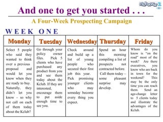 And one to get you started . . . A Four-Week Prospecting Campaign Monday Tuesday Wednesday Thursday Friday W E E K  O N E Select 5 people who said they wanted to think over a previous  proposal and would let you know when they are ready to buy.  Naturally, they didn’t let you know – so why not call on each of them today about the Kclub? Go through your policy   owner files.  Pick  5  clients who have purchased any product from you and see them today about the Kclub. If they are interested, encourage them to put aside enough time to see you. Check around and build up a list of young people who secured their first job this year.  Pick promising younger clients who may someday become every thing you expect. Spend an hour this morning compiling a list of prospects not contracted before.  Call them today – some pleasant surprise may develop. Whom do you know is “on the road” most of the week?  Are there executives, you know who are back in town for the weekend?  This may be the only time you can reach them.  Send an age-change letter to  5  clients today and illustrate the advantages of the Kclub. 