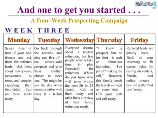 And one to get you started . . . A Four-Week Prospecting Campaign Monday Tuesday Wednesday Thursday Friday W E E K  T H R E E Select three or four of your best friends and ask them for referred leads.  Ask them about newlyweds, newcomers to town, and couples expecting their first child.  Call on these leads today. Go back through the records and pick out five of   the almost-sold prospects and give them another chance to meet you.  This might be just the day when the extra effort will make it a Kclub day. Everyone dreams about a fruitful retirement, but few people actually take time to plan financially for retirement.  Whom do you know who will retire within the next 20 to 25 years?  Call on them today and offer them a review of their future retirement needs. “ I know a prospect but he (or she)   is such an obnoxious individual, I’ve put off making the call.”  However, this family needs the Kclub as much as yours does.  Grit your teeth and call today. Referred leads are quality leads.  Build up your inventory to 50 names today by calling on centers, friends, and policy owners.  See the really “hot tips” today. 