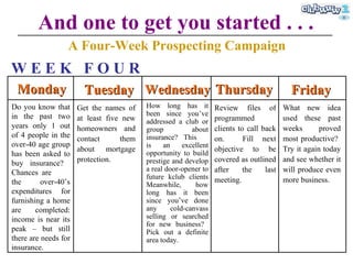 And one to get you started . . . A Four-Week Prospecting Campaign Monday Tuesday Wednesday Thursday Friday W E E K  F O U R Do you know that in the past two years only 1 out of 4 people in the over-40 age group has been asked to buy insurance?  Chances are  the over - 40’s expenditures for furnishing a home are completed: income is near its peak – but still there are needs for insurance. Get the names of at least five new homeowners and contact them about mortgage protection. How long has it been since you’ve addressed a club or group about insurance?  This  is an excellent opportunity to build prestige and develop a real door-opener to future kclub clients Meanwhile, how long has it been since you’ve done any cold-canvass selling or searched for new business?  Pick out a definite area  today . Review files of programmed clients to call back on.  Fill next objective to be covered as outlined after the last meeting.  What new idea used these past weeks proved most productive?  Try it again today and see whether it will produce even more business. 