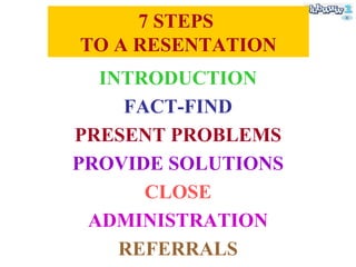 7 STEPS  TO A RESENTATION INTRODUCTION FACT-FIND PRESENT PROBLEMS PROVIDE SOLUTIONS CLOSE ADMINISTRATION REFERRALS 