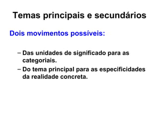 Temas principais e secundários
Dois movimentos possíveis:

  – Das unidades de significado para as
    categoriais.
  – Do tema principal para as especificidades
    da realidade concreta.
 
