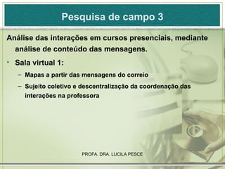 Pesquisa de campo 3 Análise das interações em cursos presenciais, mediante análise de conteúdo das mensagens. Sala virtual 1: Mapas a partir das mensagens do correio Sujeito coletivo e descentralização da coordenação das interações na professora 