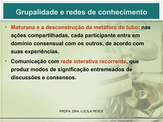 Grupalidade e redes de conhecimento Maturana e a desconstrução da metáfora do tubo : nas ações compartilhadas, cada participante entra em domínio consensual com os outros, de acordo com suas experiências. Comunicação com  rede interativa recorrente , que produz modos de significação entremeados de discussões e consensos. 