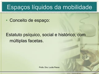 Espaços líquidos da mobilidade Conceito de espaço:  Estatuto psíquico, social e histórico, com múltiplas facetas. 