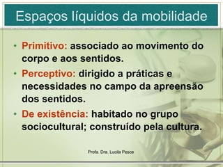 Espaços líquidos da mobilidade Primitivo:  associado ao movimento do corpo e aos sentidos. Perceptivo:  dirigido a práticas e necessidades no campo da apreensão dos sentidos. De existência:  habitado no grupo sociocultural; construído pela cultura. 