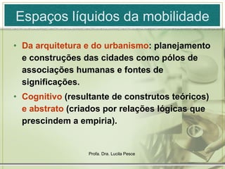 Espaços líquidos da mobilidade Da arquitetura e do urbanismo : planejamento e construções das cidades como pólos de associações humanas e fontes de significações. Cognitivo  (resultante de construtos teóricos)  e abstrato  (criados por relações lógicas que prescindem a empiria).  
