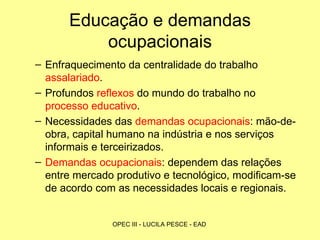 Educação e demandas ocupacionais Enfraquecimento da centralidade do trabalho  assalariado . Profundos  reflexos  do mundo do trabalho no  processo educativo . Necessidades das  demandas ocupacionais : mão-de-obra, capital humano na indústria e nos serviços informais e terceirizados. Demandas ocupacionais : dependem das relações entre mercado produtivo e tecnológico, modificam-se de acordo com as necessidades locais e regionais. 