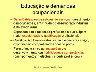 Educação e demandas ocupacionais Da indústria para os setores de serviços : crescimento das ocupações, em virtude do desemprego industrial e do êxodo rural.  Expansão das ocupações profissionais que exigem maior  escolaridade  e  qualificação  profissional. Qualificação: treinamentos, capacitações em serviço, experiências compartilhadas com os pares. Forte vínculo entre as  ocupações  e o desenvolvimento das  habilidades e competências  (conhecimentos intelectuais e perfil profissional). 