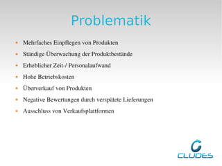 Problematik
   Mehrfaches Einpflegen von Produkten
   Ständige Überwachung der Produktbestände
   Erheblicher Zeit­/ Personalaufwand 
   Hohe Betriebskosten
   Überverkauf von Produkten
   Negative Bewertungen durch verspätete Lieferungen
   Ausschluss von Verkaufsplattformen
 