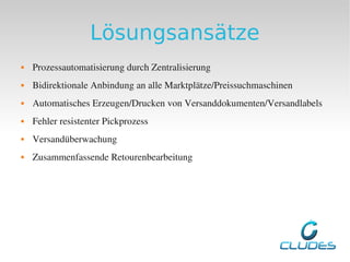 Lösungsansätze
   Prozessautomatisierung durch Zentralisierung 
   Bidirektionale Anbindung an alle Marktplätze/Preissuchmaschinen
   Automatisches Erzeugen/Drucken von Versanddokumenten/Versandlabels
   Fehler resistenter Pickprozess
   Versandüberwachung
   Zusammenfassende Retourenbearbeitung
 