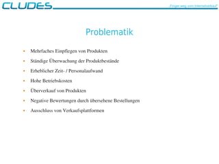Problematik
 Mehrfaches Einpflegen von Produkten
 Ständige Überwachung der Produktbestände
 Erheblicher Zeit­ / Personalaufwand 
 Hohe Betriebskosten
 Überverkauf von Produkten
 Negative Bewertungen durch übersehene Bestellungen
 Ausschluss von Verkaufsplattformen
„Finger weg vom Internetverkauf“
 