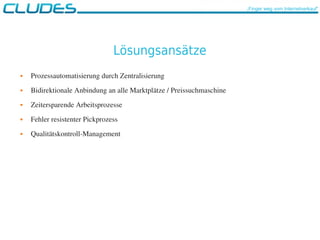 Lösungsansätze
 Prozessautomatisierung durch Zentralisierung
 Bidirektionale Anbindung an alle Marktplätze / Preissuchmaschine
 Zeitersparende Arbeitsprozesse
 Fehler resistenter Pickprozess
 Qualitätskontroll­Management
„Finger weg vom Internetverkauf“
 