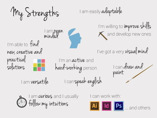 My Strengths

I am easily

I’m willing to

open
minded
I am

find
new, creative and
practical
solutions
I’m able to

I am

versatile

improve skills

and develop new ones

active and
hard-working person

I’ve got a very

I’m an

I can

speak english

curious and I usually
follow my intuitions
I am

adaptable

I can

paint

visual mind

draw and

I can work with:
... and others

 