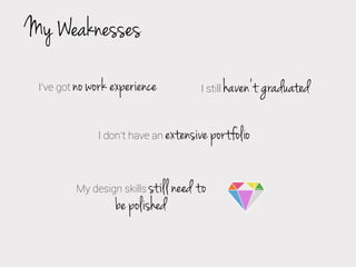 My Weaknesses
I’ve got

no work experience
I don’t have an

I still

extensive portfolio

still need to
be polished

My design skills

haven’t graduated

 