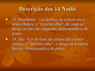 Descrição dos 14 Nadis 13. Shankhini - vai da base da coluna até o  sexto chakra, o "terceiro olho", de onde se  dirige ao ouvido esquerdo, alimentando-o de prana.  14. Ida - Vai da base da coluna até o sexto chakra, o "terceiro olho", e dirige-se à narina direita, alimentando-a de prana. 