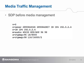 Media Traffic Management

• SDP before media management




        © Sangoma Technologies Inc.   8/11/2012   15
 