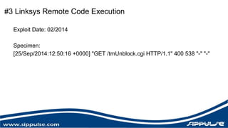 #3 Linksys Remote Code Execution 
Exploit Date: 02/2014 
Specimen: 
[25/Sep/2014:12:50:16 +0000] "GET /tmUnblock.cgi HTTP/1.1" 400 538 "-" "-" 
 