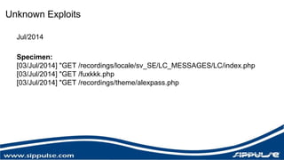 Unknown Exploits 
Jul/2014 
Specimen: 
[03/Jul/2014] "GET /recordings/locale/sv_SE/LC_MESSAGES/LC/index.php 
[03/Jul/2014] "GET /fuxkkk.php 
[03/Jul/2014] "GET /recordings/theme/alexpass.php 
 