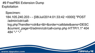 #9 FreePBX Extension Dump 
Exploitation 
Specimen: 
184.105.240.203 - - [08/Jul/2014:01:33:42 +0000] "POST 
/admin/cdr/call-log. 
php?handler=cdr&s=&t=&order=calldate&sens=DESC 
&current_page=0/admin/cdr/call-comp.php HTTP/1.1" 404 
484 "-" "-" 
 