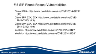 # 5 SIP Phone Recent Vulnerabilities 
Cisco 3905 - http://www.cvedetails.com/cve/CVE-2014-0721/ 
(10) 
Cisco SPA 3XX, 5XX http://www.cvedetails.com/cve/CVE- 
2014-3313/ (4.3) 
Cisco SPA 3XX, 5XX http://www.cvedetails.com/cve/CVE- 
2014-3312/ (6.9) 
Yealink - http://www.cvedetails.com/cve/CVE-2014-3427 
Yealink - http://www.cvedetails.com/cve/CVE-2014-3428/ 
