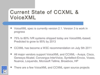  VoiceXML spec is currently version 2.1. Version 3 is work in
progress
 75% to 80% IVR systems shipped today are VoiceXML-based.
Predicted to grow to 95% by 2013
 CCXML has become a W3C recommendation on July 5th 2011
 All major vendors support VoiceXML and CCXML - Avaya, Cisco,
Genesys-Alcatel, Convergys-InterVoice, Syntellect-Envox, Voxeo,
Nuance, Loquendo, Microsoft Tellme, Broadvox, HP
 There are a few VoiceXML and CCXML open source projects
Current State of CCXML &
VoiceXML
 