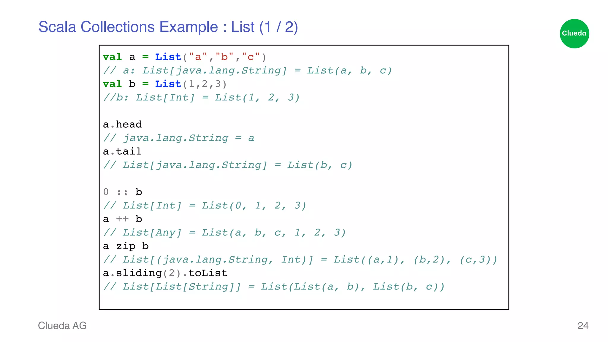 Scala Collections Example : List (1 / 2) Clueda AG 24 val a = List("a","b","c")! // a: List[java.lang.String] = List(a, b, c)! val b = List(1,2,3)! //b: List[Int] = List(1, 2, 3)! ! a.head! // java.lang.String = a! a.tail! // List[java.lang.String] = List(b, c)! ! 0 :: b! // List[Int] = List(0, 1, 2, 3)! a ++ b! // List[Any] = List(a, b, c, 1, 2, 3)! a zip b! // List[(java.lang.String, Int)] = List((a,1), (b,2), (c,3))! a.sliding(2).toList! // List[List[String]] = List(List(a, b), List(b, c))! 