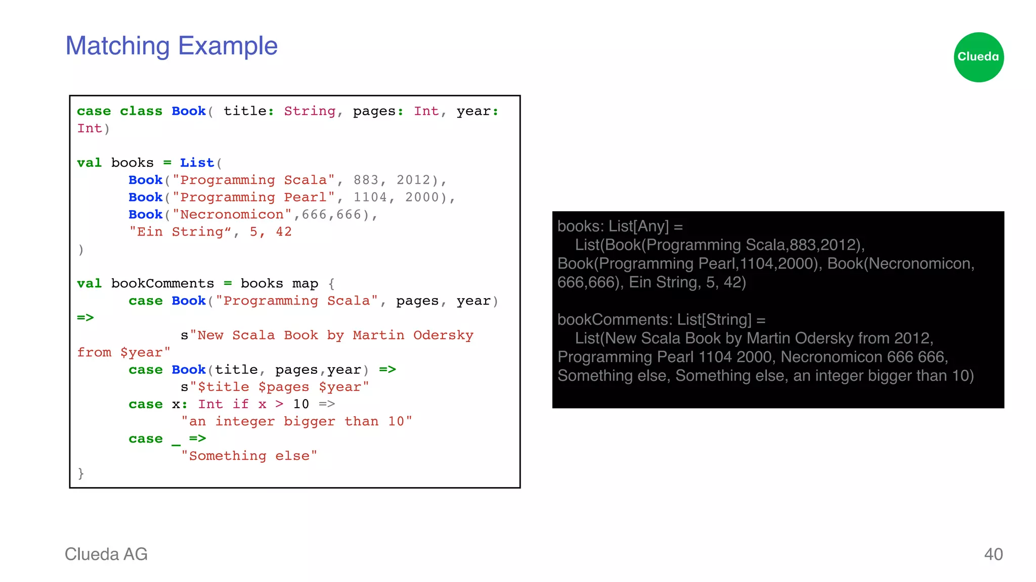Matching Example Clueda AG 40 books: List[Any] = ! List(Book(Programming Scala,883,2012), Book(Programming Pearl,1104,2000), Book(Necronomicon, 666,666), Ein String, 5, 42)! !b ookComments: List[String] = ! List(New Scala Book by Martin Odersky from 2012, Programming Pearl 1104 2000, Necronomicon 666 666, Something else, Something else, an integer bigger than 10)! case class Book( title: String, pages: Int, year: Int)! ! val books = List( ! ! Book("Programming Scala", 883, 2012),! ! Book("Programming Pearl", 1104, 2000),! ! Book("Necronomicon",666,666),! ! "Ein String“, 5, 42! )! ! val bookComments = books map {! ! case Book("Programming Scala", pages, year) => ! ! ! s"New Scala Book by Martin Odersky from $year"! ! case Book(title, pages,year) => ! ! ! s"$title $pages $year"! ! case x: Int if x > 10 => ! ! ! "an integer bigger than 10"! ! case _ => ! ! ! "Something else"! } 