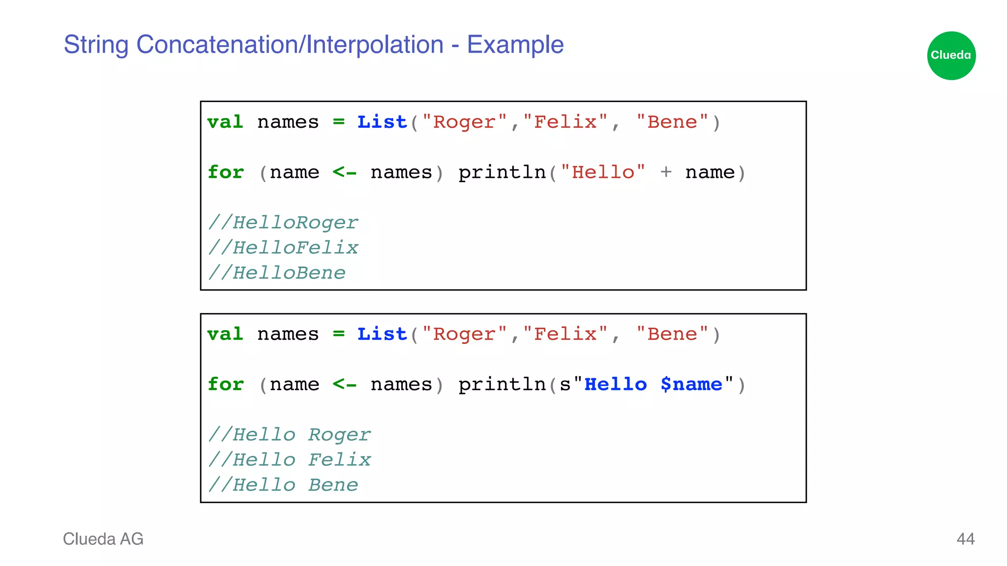 String Concatenation/Interpolation - Example Clueda AG 44 val names = List("Roger","Felix", "Bene")! ! for (name <- names) println("Hello" + name)! ! //HelloRoger! //HelloFelix! //HelloBene val names = List("Roger","Felix", "Bene")! ! for (name <- names) println(s"Hello $name")! ! //Hello Roger! //Hello Felix! //Hello Bene 