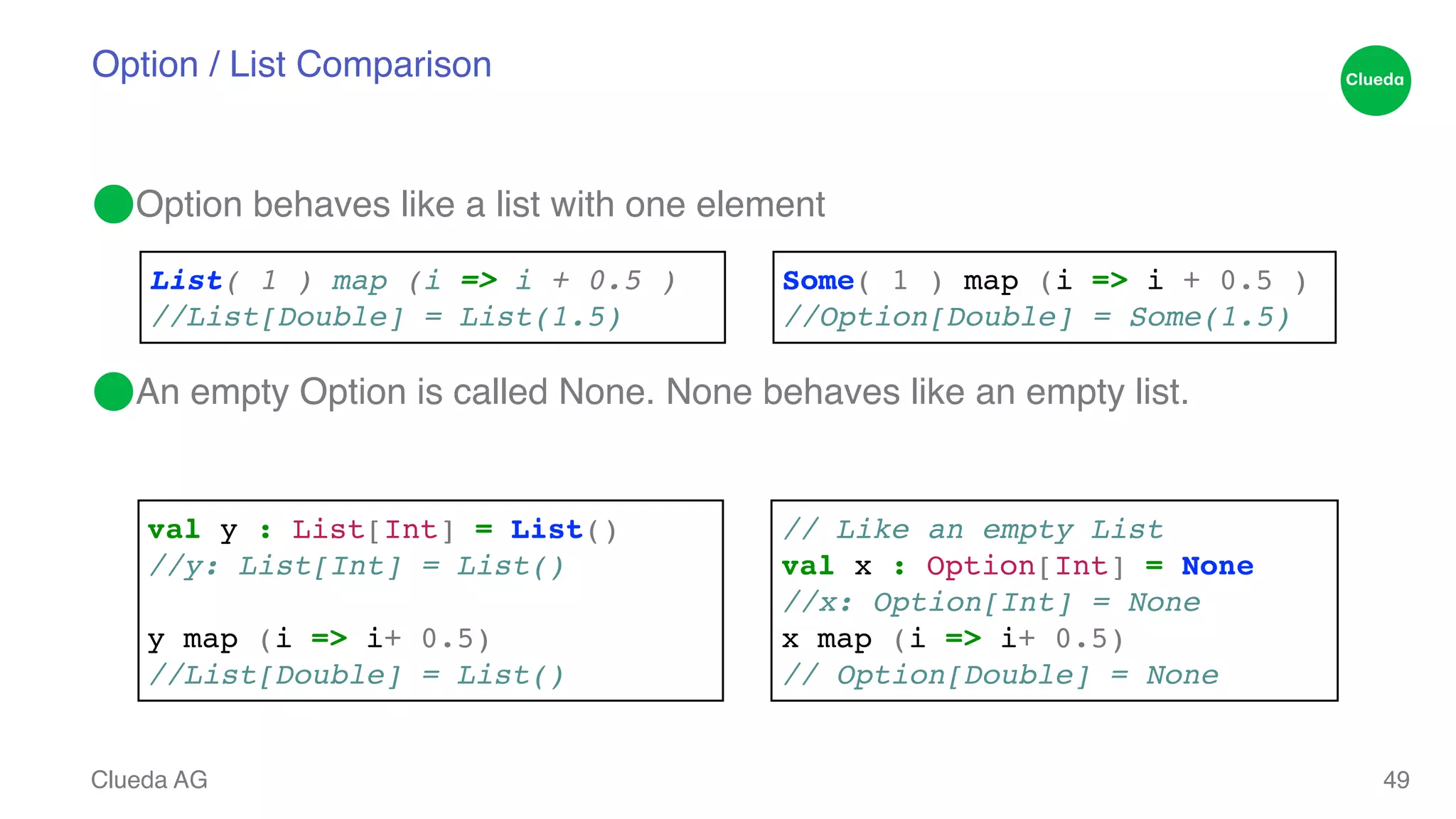 Option / List Comparison ⬤Option behaves like a list with one element! ! ! ⬤An empty Option is called None. None behaves like an empty list. Clueda AG 49 List( 1 ) map (i => i + 0.5 ) ! //List[Double] = List(1.5) Some( 1 ) map (i => i + 0.5 )! //Option[Double] = Some(1.5) val y : List[Int] = List()! //y: List[Int] = List()! ! y map (i => i+ 0.5)! //List[Double] = List() // Like an empty List! val x : Option[Int] = None ! //x: Option[Int] = None! x map (i => i+ 0.5)! // Option[Double] = None 