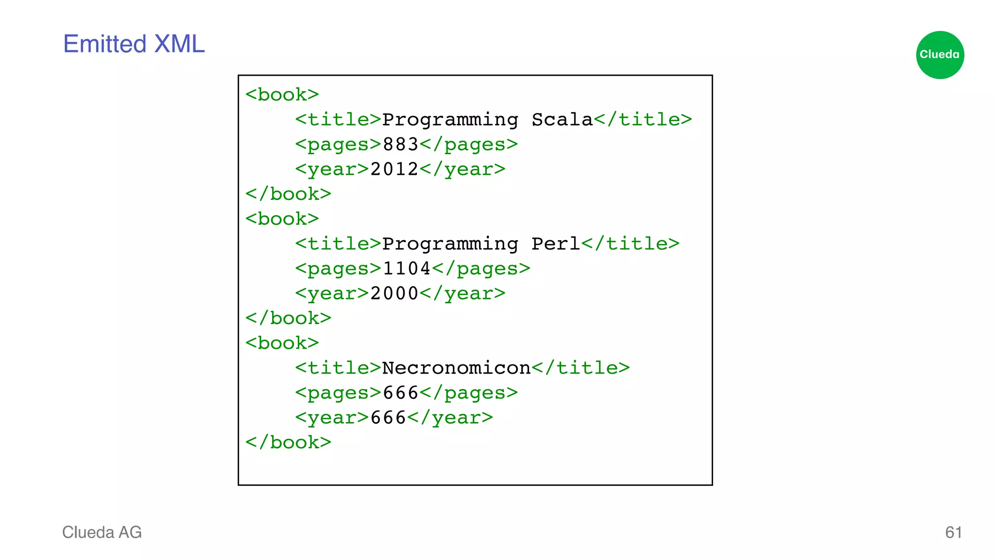 Emitted XML Clueda AG 61 <book>! <title>Programming Scala</title>! <pages>883</pages>! <year>2012</year>! </book>! <book>! <title>Programming Perl</title>! <pages>1104</pages>! <year>2000</year>! </book>! <book>! <title>Necronomicon</title>! <pages>666</pages>! <year>666</year>! </book>! 