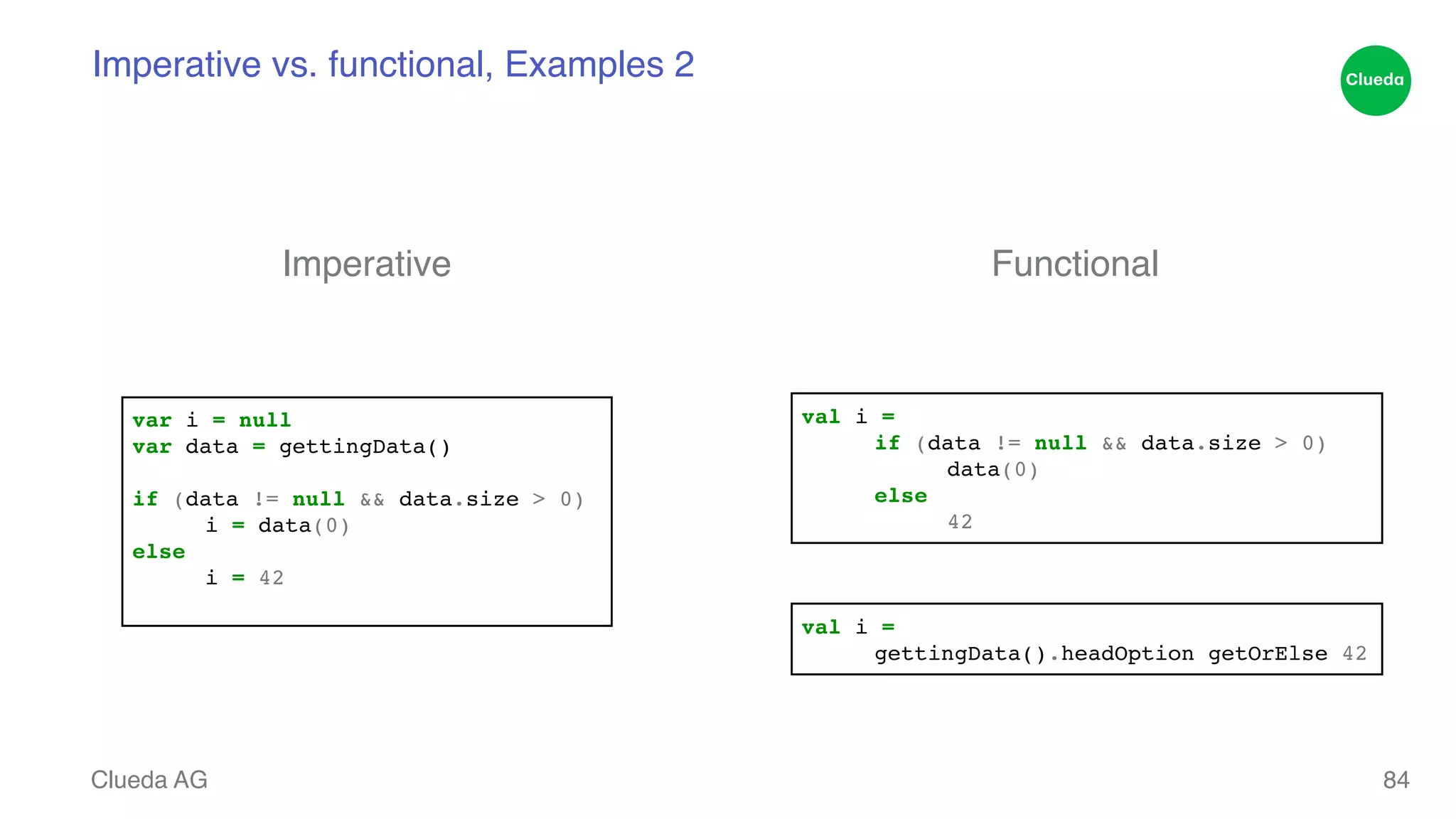 Imperative vs. functional, Examples 2 Clueda AG 84 Imperative Functional var i = null! var data = gettingData()! ! if (data != null && data.size > 0) ! ! i = data(0)! else ! ! i = 42! val i = ! ! if (data != null && data.size > 0)! ! ! data(0)! ! else! ! ! 42 val i = ! ! gettingData().headOption getOrElse 42 