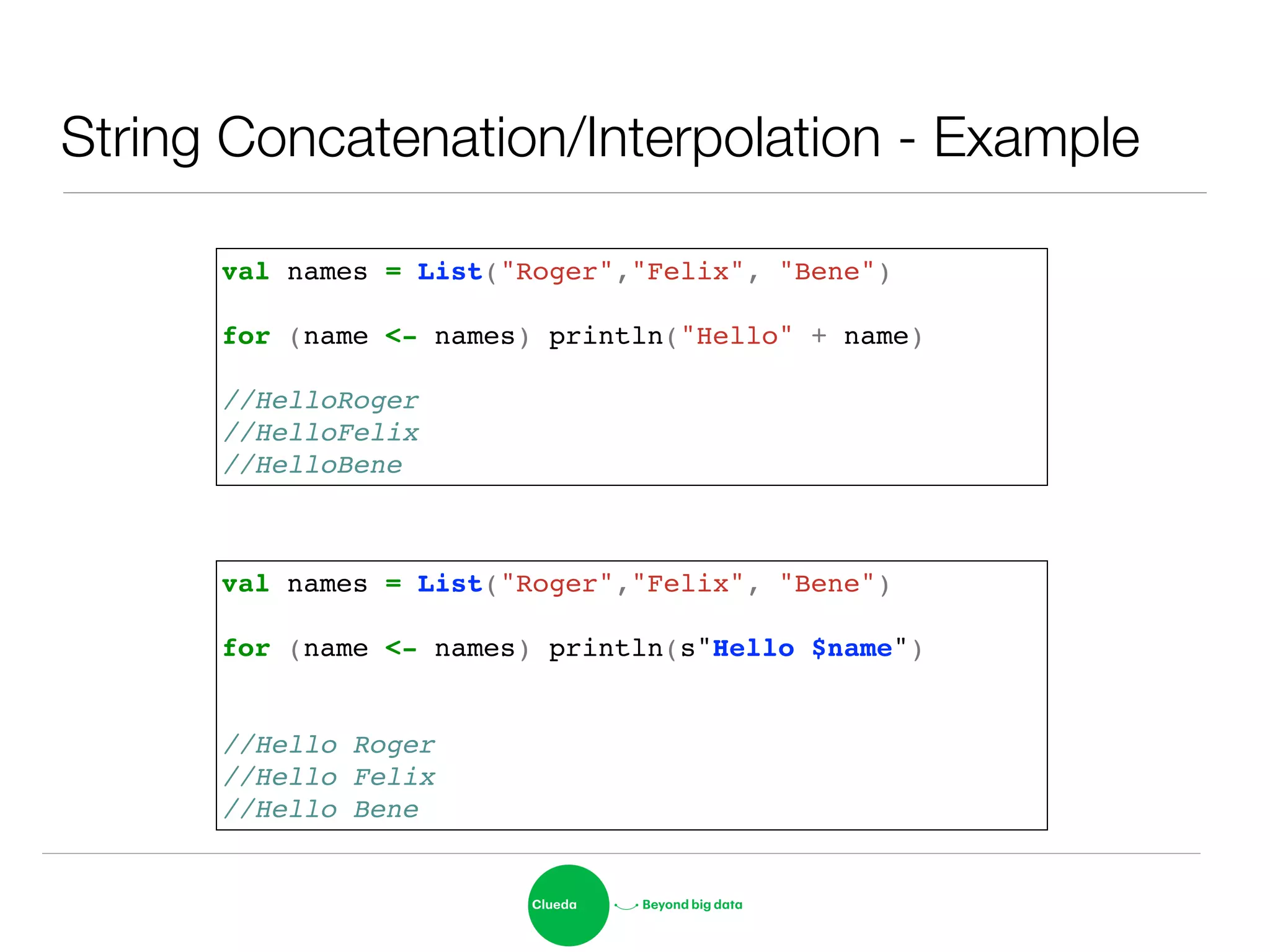 String Concatenation/Interpolation - Example
val names = List("Roger","Felix", "Bene")!
!
for (name <- names) println("Hello" + name)!
!
//HelloRoger!
//HelloFelix!
//HelloBene
val names = List("Roger","Felix", "Bene")!
!
for (name <- names) println(s"Hello $name")!
!
!
//Hello Roger!
//Hello Felix!
//Hello Bene
 